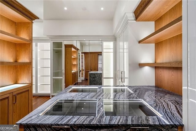 kitchen with open shelves, recessed lighting, and dark wood-style flooring