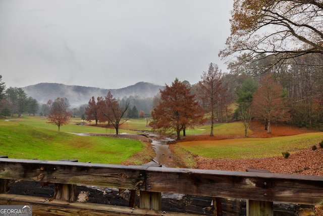 view of property's community with a lawn and a mountain view