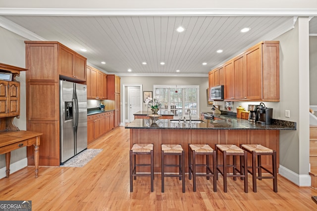 carpeted bedroom with access to exterior, ceiling fan, and crown molding