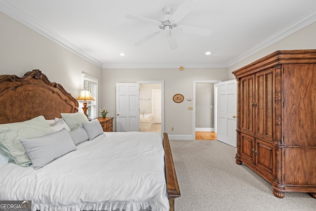 carpeted bedroom featuring ceiling fan and crown molding