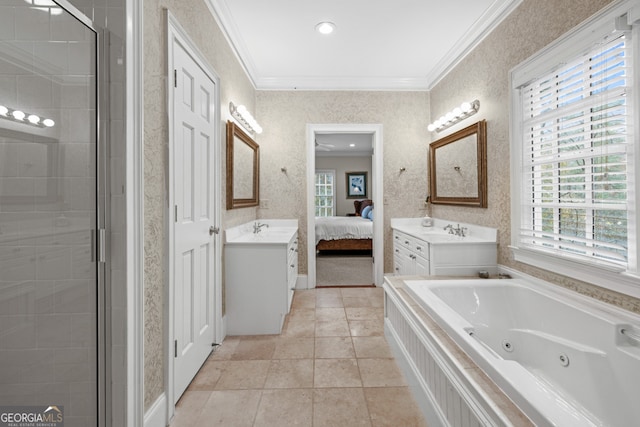 bathroom with tile patterned floors, crown molding, vanity, and walk in shower