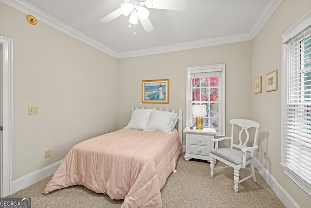 bedroom with ceiling fan, crown molding, access to outside, light carpet, and a closet