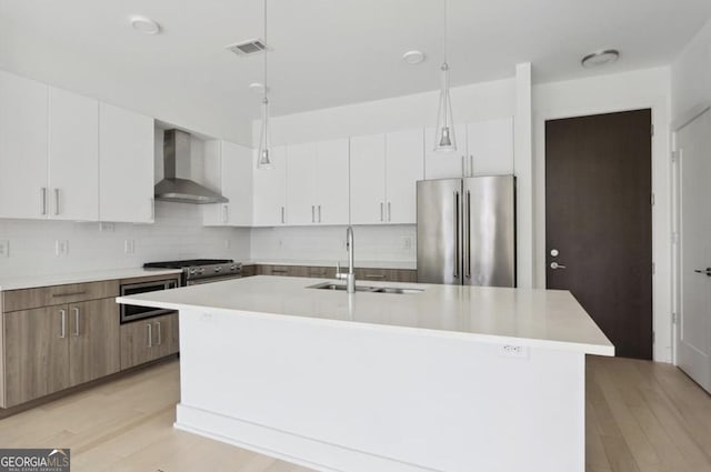 kitchen featuring hanging light fixtures, appliances with stainless steel finishes, a kitchen island with sink, and wall chimney exhaust hood