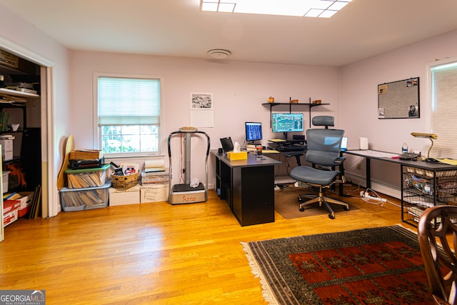 home office with a baseboard radiator and light hardwood / wood-style flooring