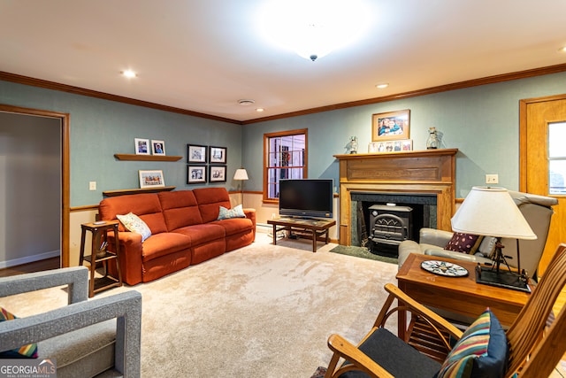 living room with carpet, a wood stove, and crown molding