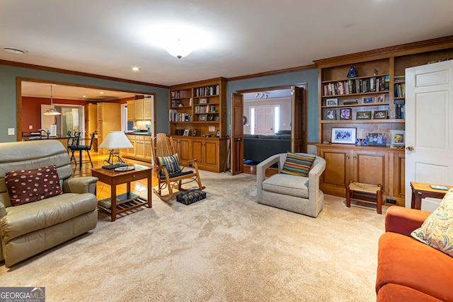 living room with light carpet and ornamental molding