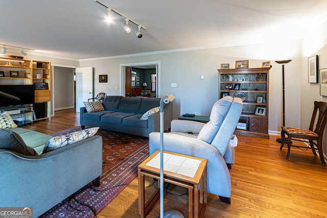 living room featuring hardwood / wood-style floors, rail lighting, and ornamental molding