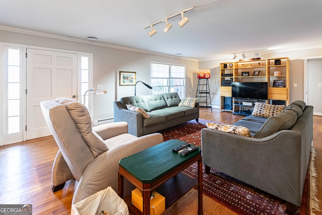 living room with wood-type flooring, rail lighting, a baseboard heating unit, and ornamental molding