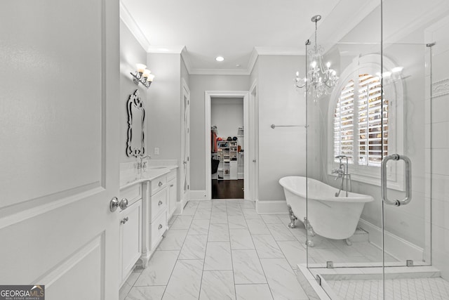 bathroom featuring vanity, ornamental molding, independent shower and bath, and an inviting chandelier