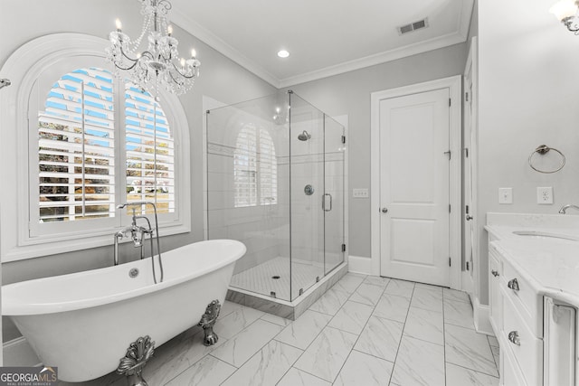 bathroom featuring vanity, an inviting chandelier, independent shower and bath, and ornamental molding