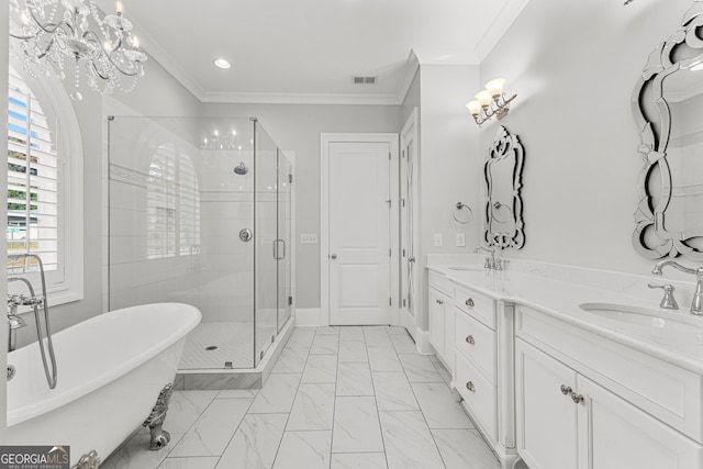 bathroom featuring vanity, separate shower and tub, crown molding, and an inviting chandelier