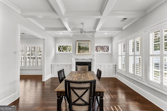 dining space with beam ceiling, dark hardwood / wood-style flooring, and coffered ceiling