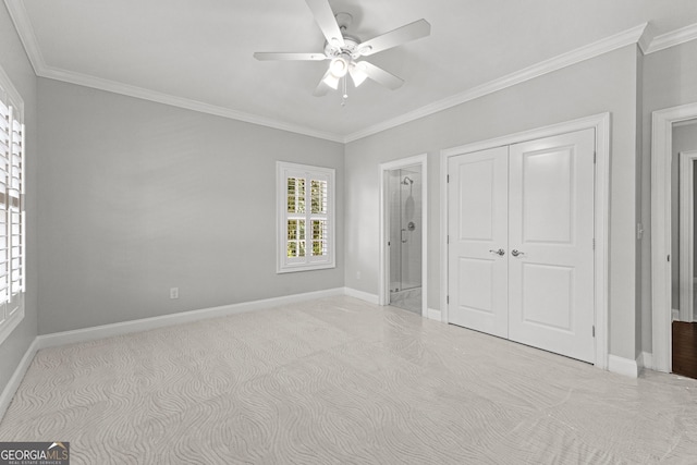 unfurnished bedroom featuring ceiling fan, a closet, light carpet, and ornamental molding