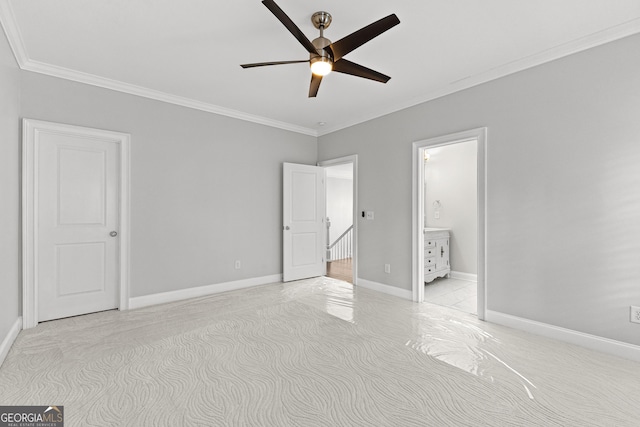 unfurnished bedroom with ensuite bathroom, ceiling fan, and ornamental molding