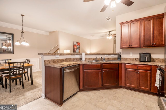 kitchen with pendant lighting, crown molding, sink, stainless steel dishwasher, and kitchen peninsula