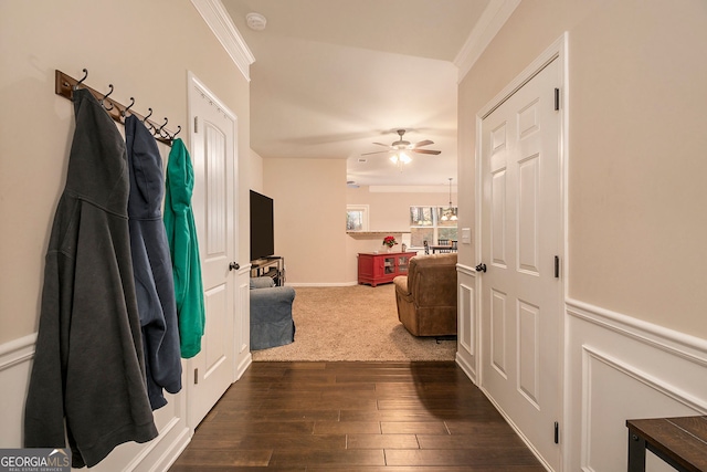 hall with crown molding and dark wood-type flooring