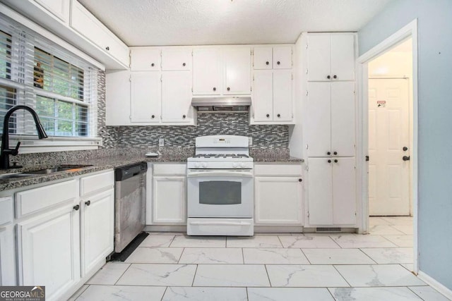 kitchen with white cabinets, stainless steel dishwasher, and white gas stove