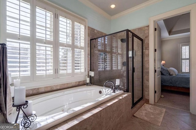 bathroom featuring separate shower and tub, tile patterned floors, and crown molding