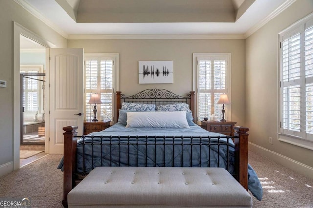 carpeted bedroom with a raised ceiling and ornamental molding