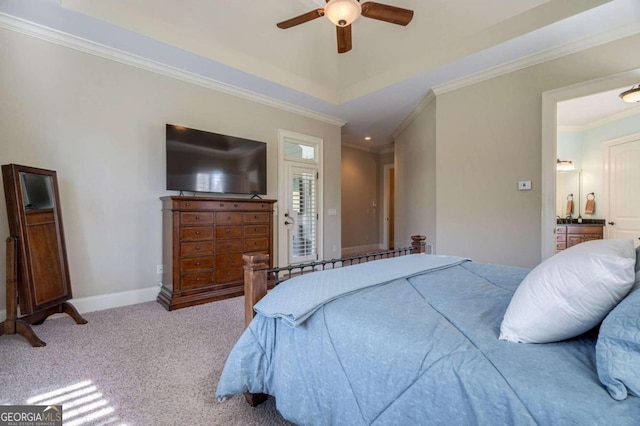 bedroom with ceiling fan, crown molding, and light carpet