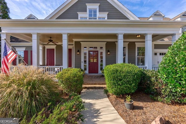 view of front of house with a porch and ceiling fan