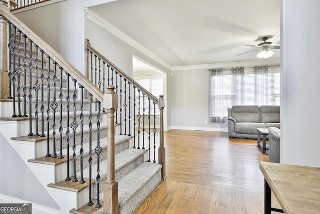 staircase featuring hardwood / wood-style flooring, ceiling fan, and crown molding