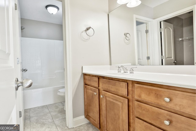 full bathroom with tile patterned floors, vanity, toilet, and bathtub / shower combination