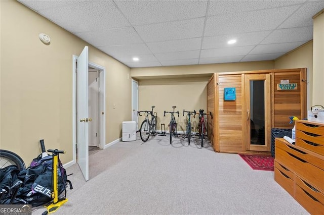 exercise area featuring carpet flooring and a drop ceiling