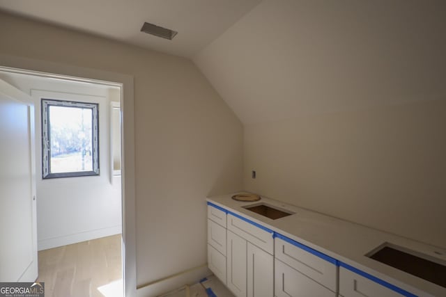 bathroom with a sink, baseboards, vaulted ceiling, and wood finished floors