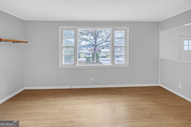 spare room with light hardwood / wood-style floors and crown molding