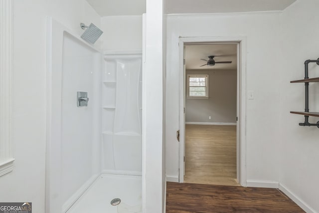 bathroom featuring a shower and wood-type flooring