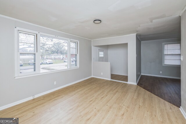 empty room featuring hardwood / wood-style flooring and crown molding