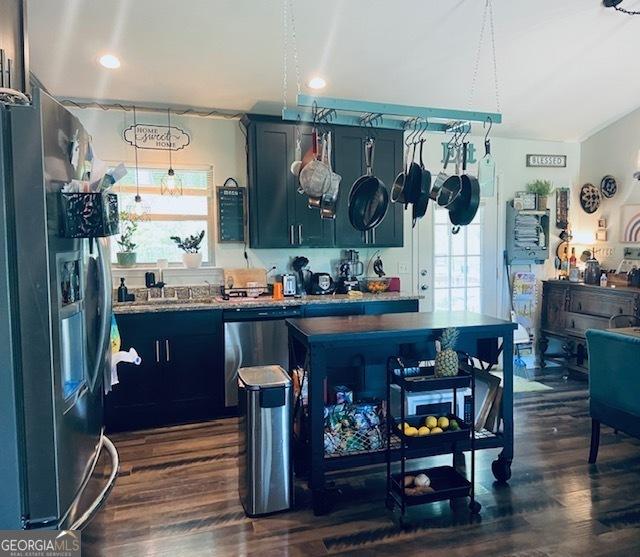 kitchen with pendant lighting, dark wood-type flooring, a wealth of natural light, and appliances with stainless steel finishes