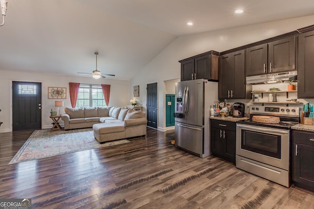 kitchen featuring light stone counters, appliances with stainless steel finishes, dark hardwood / wood-style floors, and dark brown cabinets