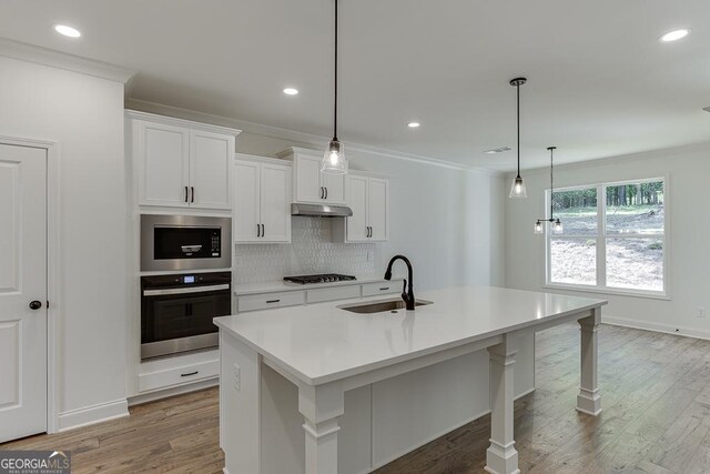 2198 Old Swimming Pool Rd, Jefferson, GA 30549 - kitchen featuring a sink, backsplash, appliances with stainless steel finishes, under cabinet range hood, and ornamental molding