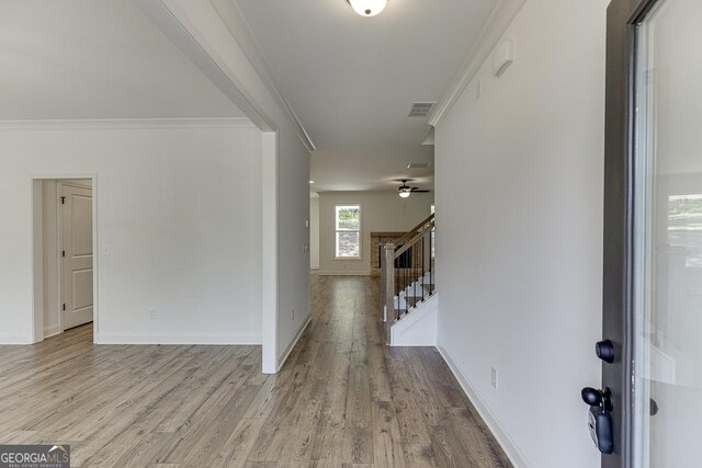 2198 Old Swimming Pool Rd, Jefferson, GA 30549 - foyer with baseboards, visible vents, light wood-style floors, stairway, and ceiling fan