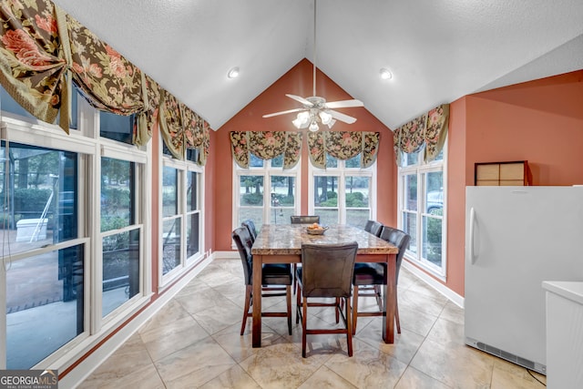 dining area with ceiling fan, lofted ceiling, and a textured ceiling