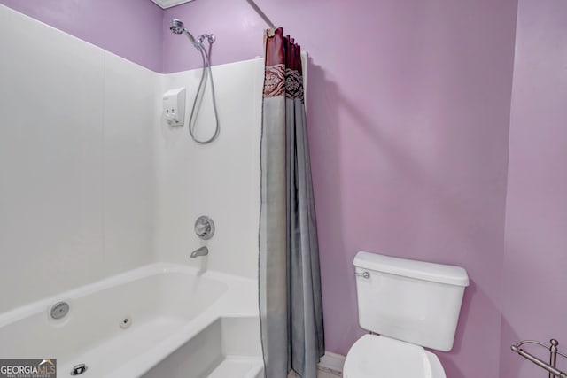 bathroom featuring toilet and shower / bathtub combination with curtain