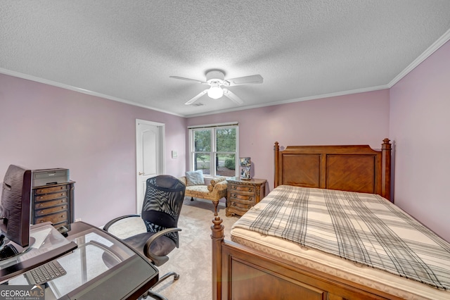 carpeted bedroom featuring ceiling fan, crown molding, and a textured ceiling