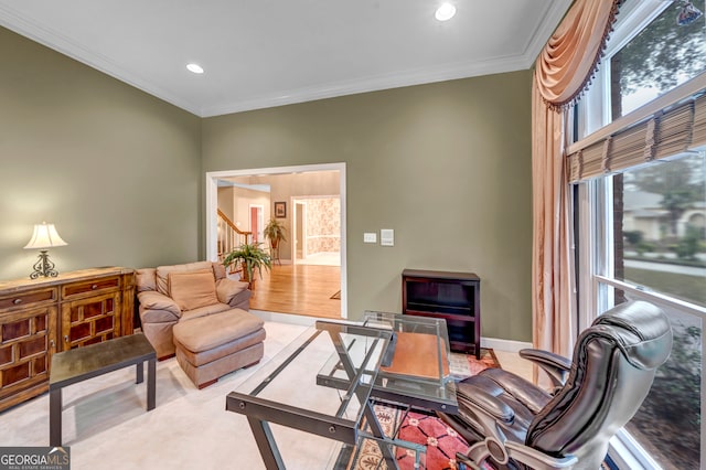 living room featuring light hardwood / wood-style floors and ornamental molding