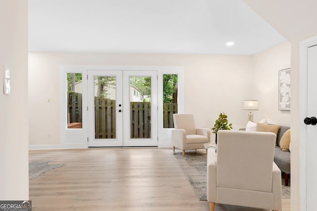 living room featuring french doors and light hardwood / wood-style flooring