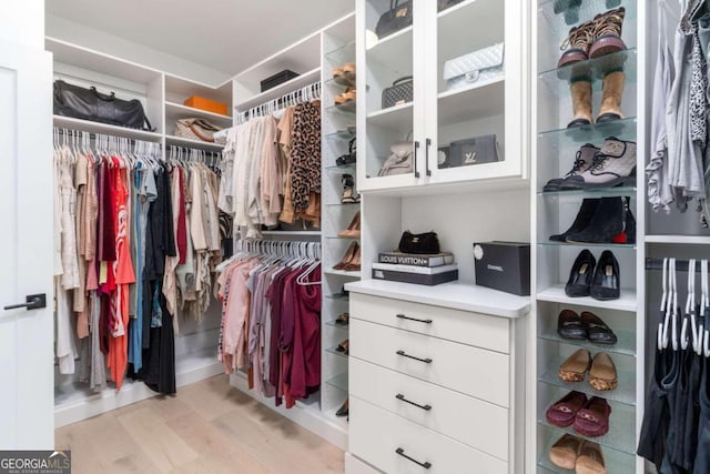 walk in closet with light wood-type flooring