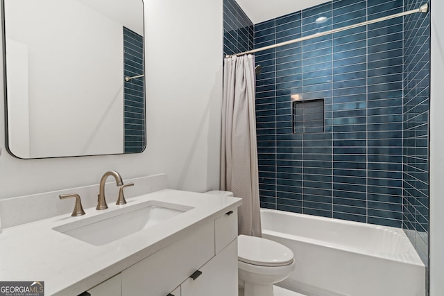 full bathroom with vanity, toilet, and shower / bathtub combination with curtain