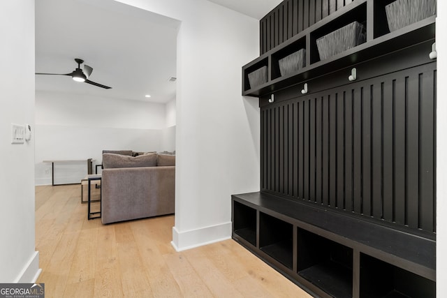 mudroom featuring ceiling fan and light wood-type flooring