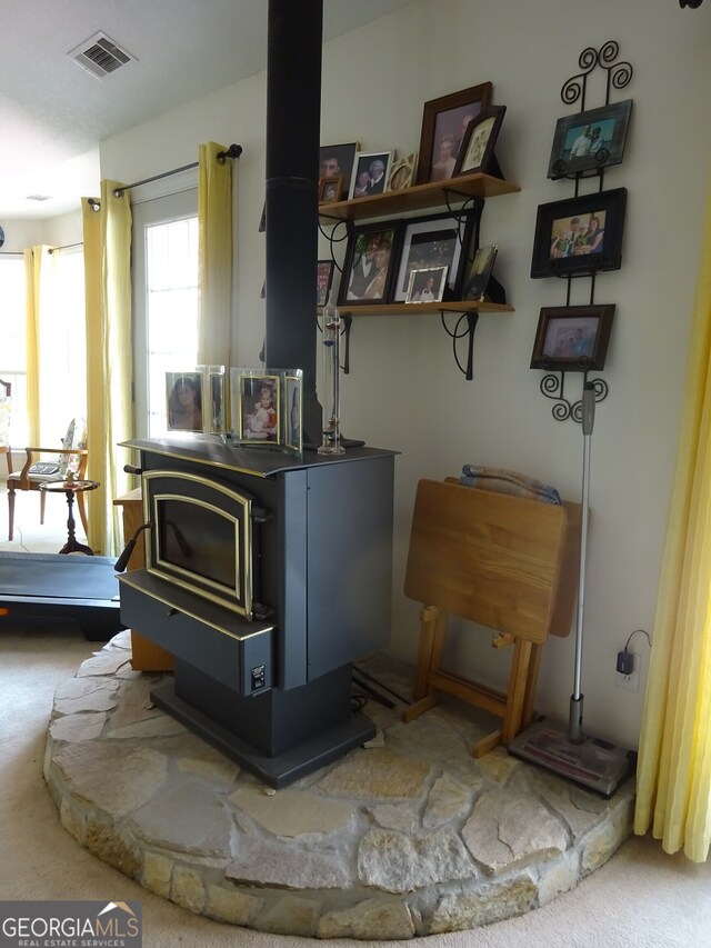 room details with carpet floors and a wood stove