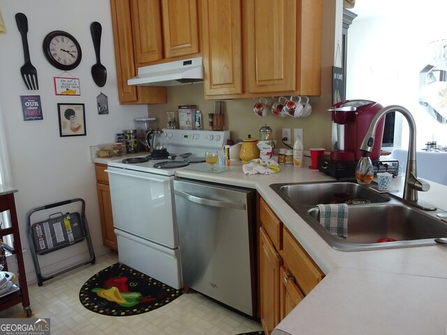 kitchen with dishwasher, white range with electric stovetop, and sink