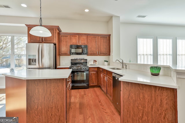 kitchen featuring sink, light hardwood / wood-style floors, plenty of natural light, and black appliances