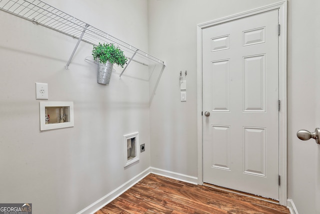 washroom featuring hookup for an electric dryer, dark wood-type flooring, and washer hookup