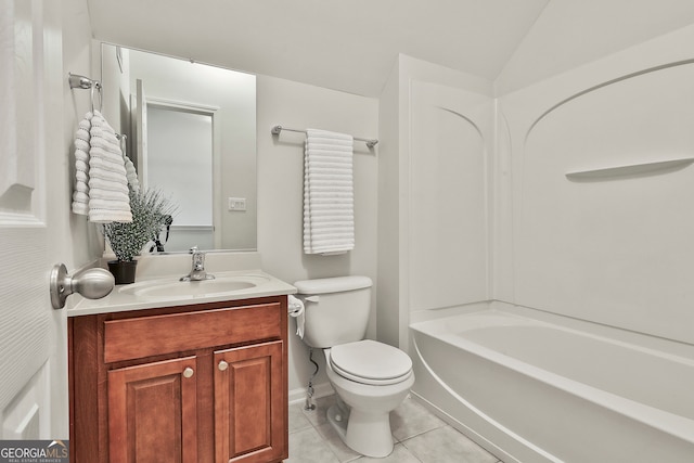 full bathroom featuring vanity, bathing tub / shower combination, tile patterned flooring, toilet, and lofted ceiling