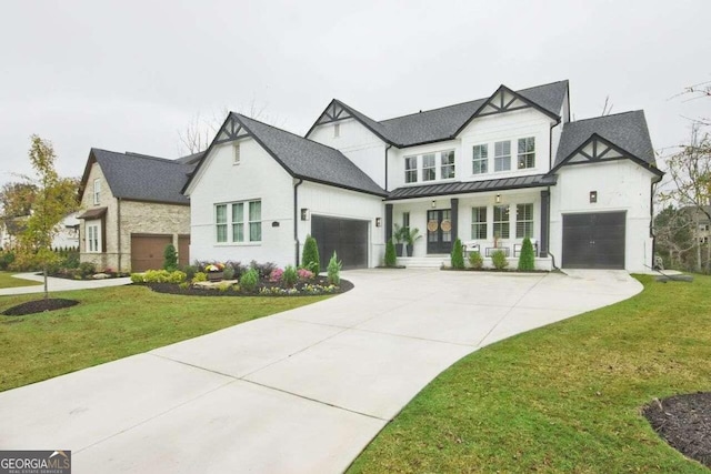 view of front of house featuring covered porch and a front lawn